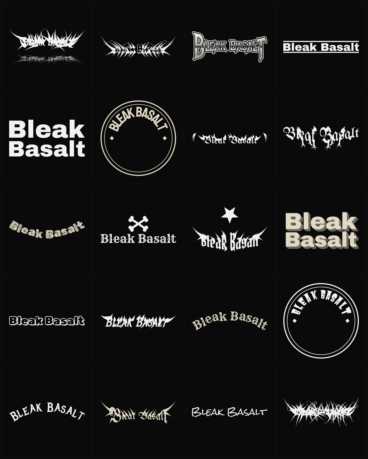 Twenty Bleak Basalt band logo ideas — different faces, treatments and spike settings