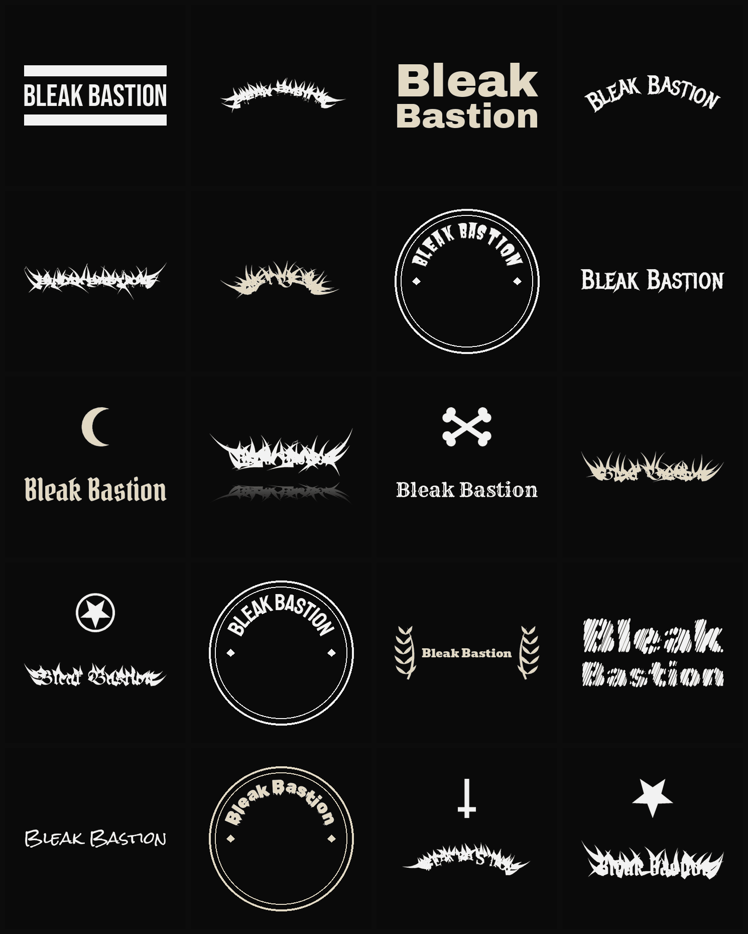 Twenty Bleak Bastion band logo ideas — different faces, treatments and spike settings