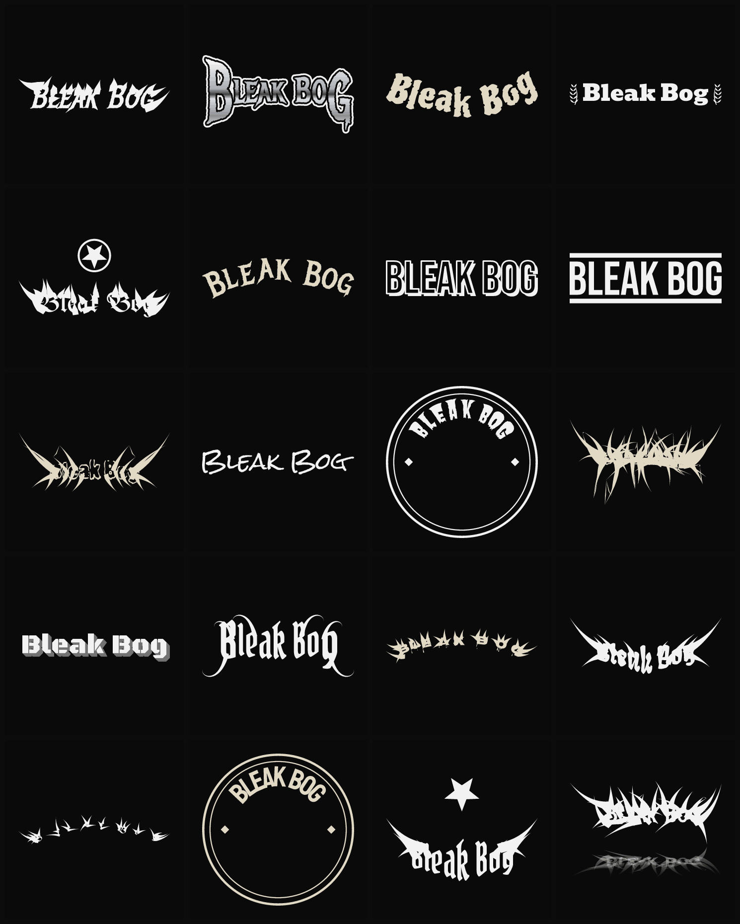 Twenty Bleak Bog band logo ideas — different faces, treatments and spike settings