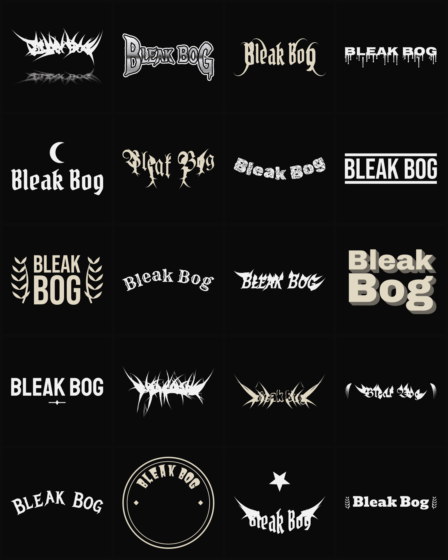 Twenty Bleak Bog band logo ideas — different faces, treatments and spike settings