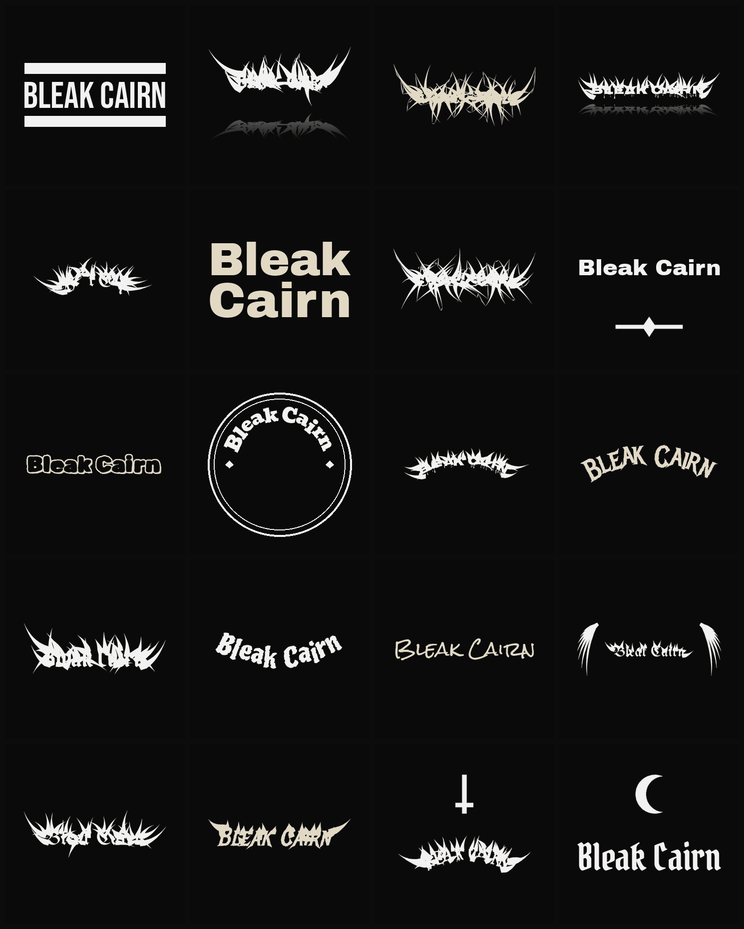 Twenty Bleak Cairn band logo ideas — different faces, treatments and spike settings