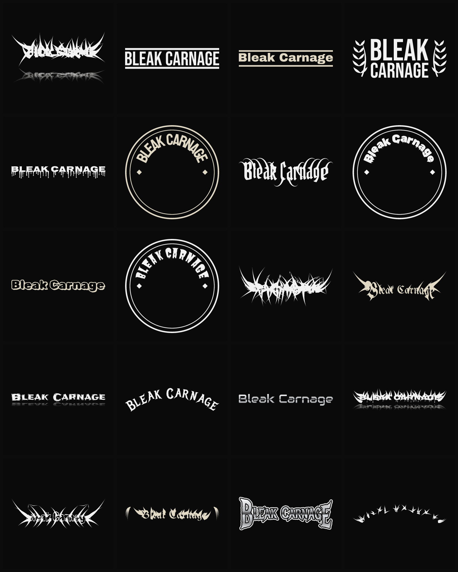 Twenty Bleak Carnage band logo ideas — different faces, treatments and spike settings