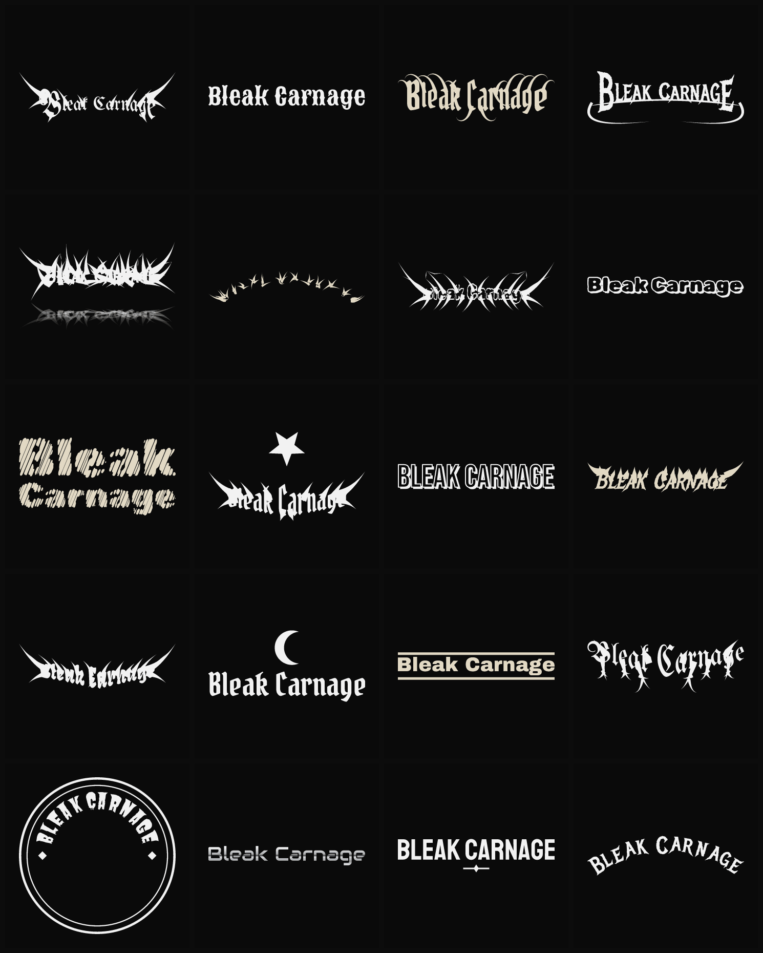 Twenty Bleak Carnage band logo ideas — different faces, treatments and spike settings
