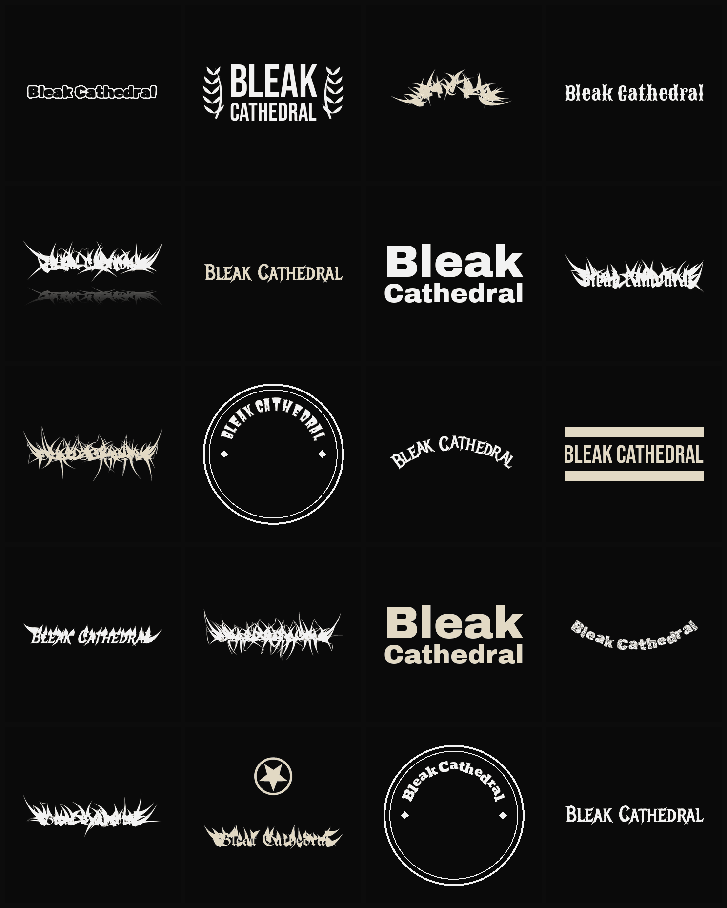Twenty Bleak Cathedral band logo ideas — different faces, treatments and spike settings