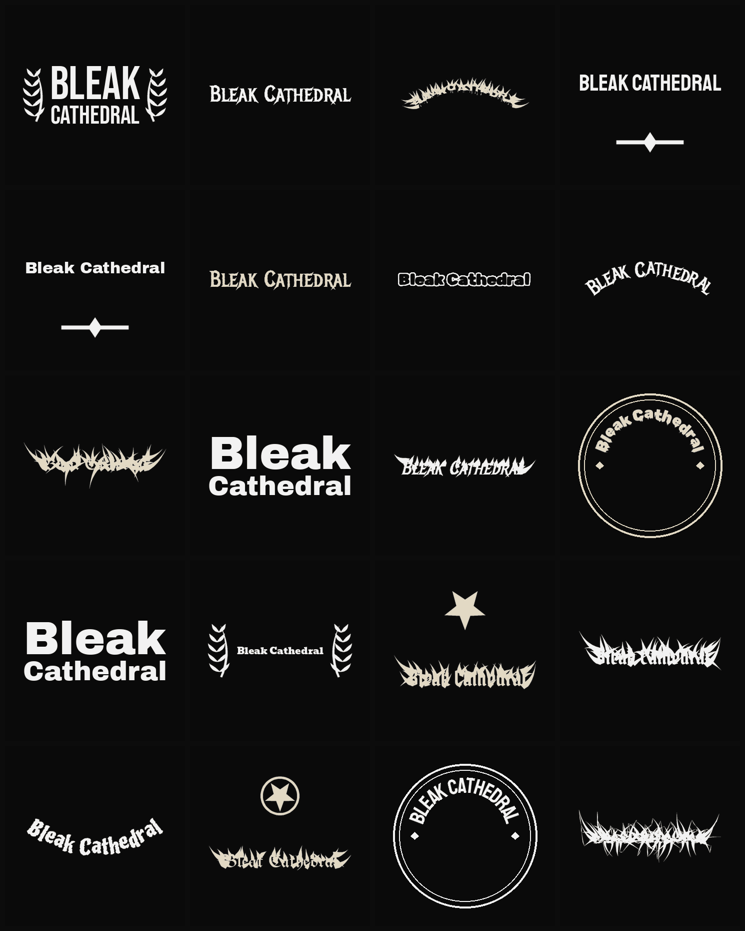 Twenty Bleak Cathedral band logo ideas — different faces, treatments and spike settings