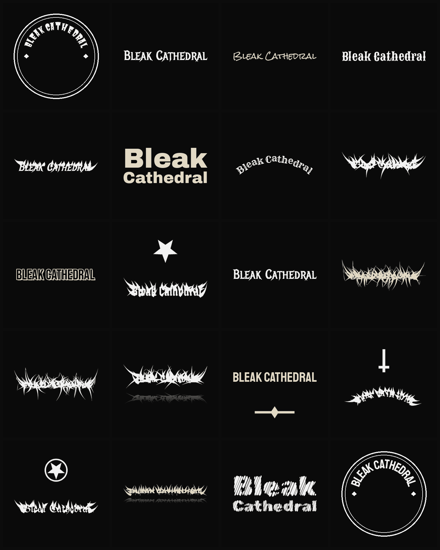 Twenty Bleak Cathedral band logo ideas — different faces, treatments and spike settings