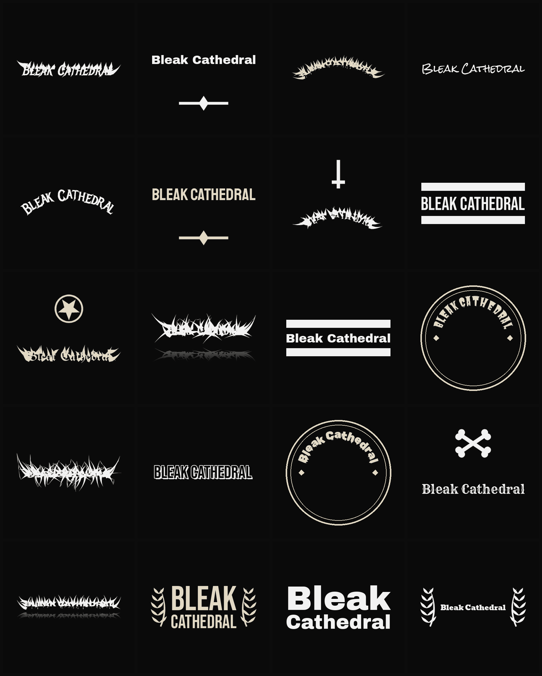 Twenty Bleak Cathedral band logo ideas — different faces, treatments and spike settings