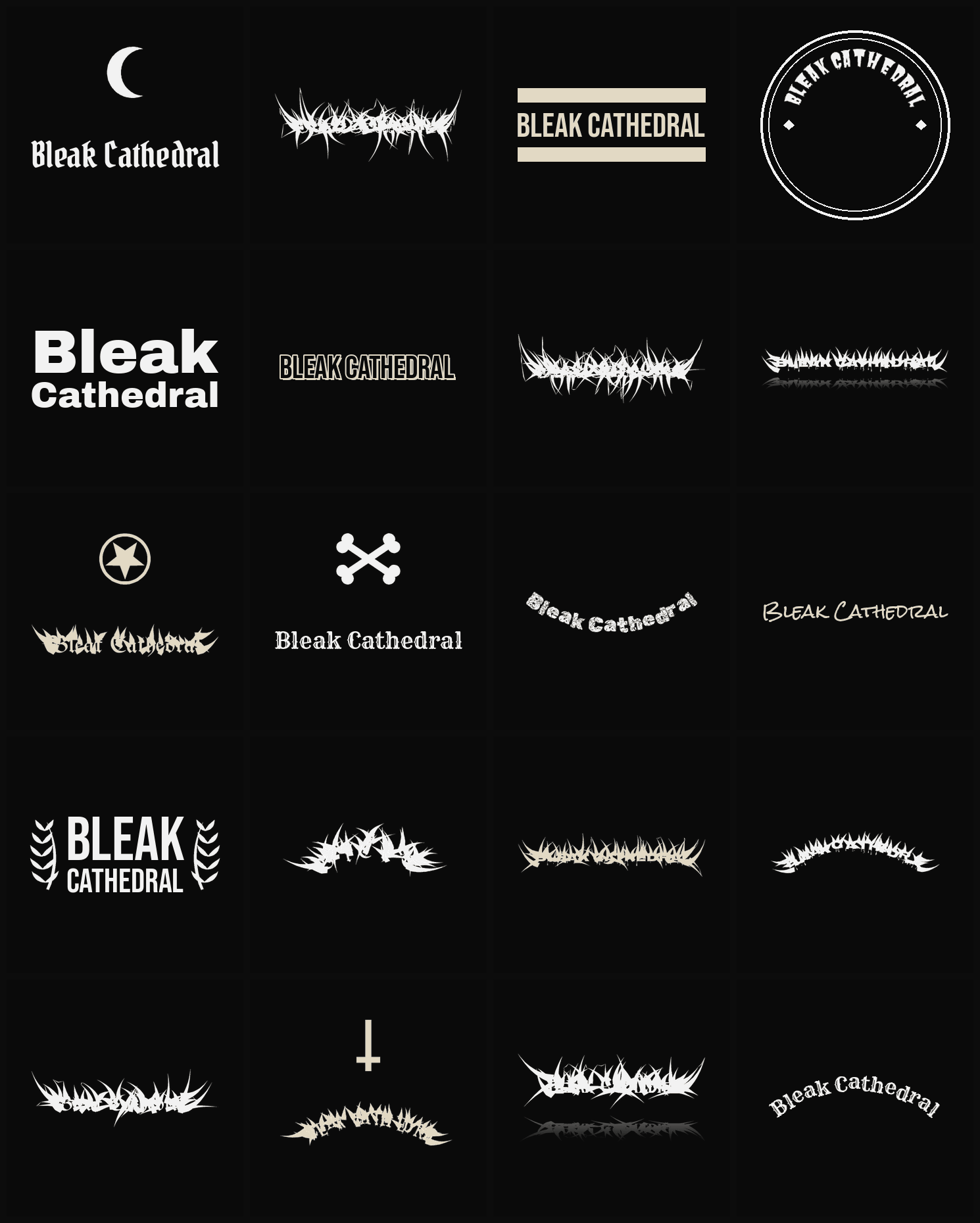Twenty Bleak Cathedral band logo ideas — different faces, treatments and spike settings