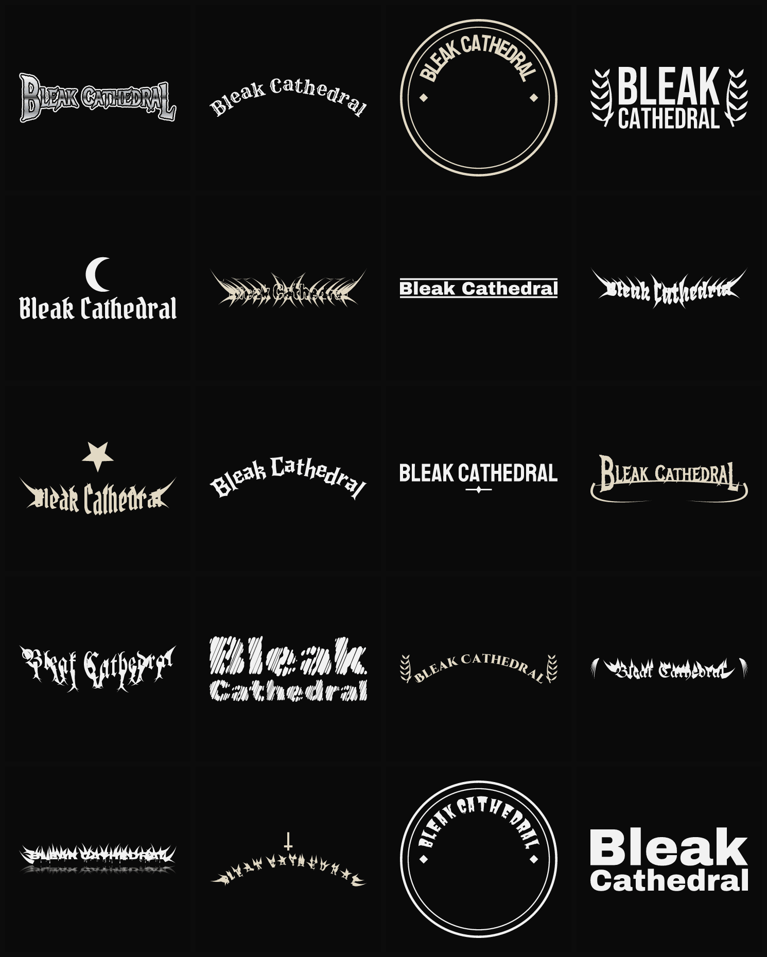 Twenty Bleak Cathedral band logo ideas — different faces, treatments and spike settings