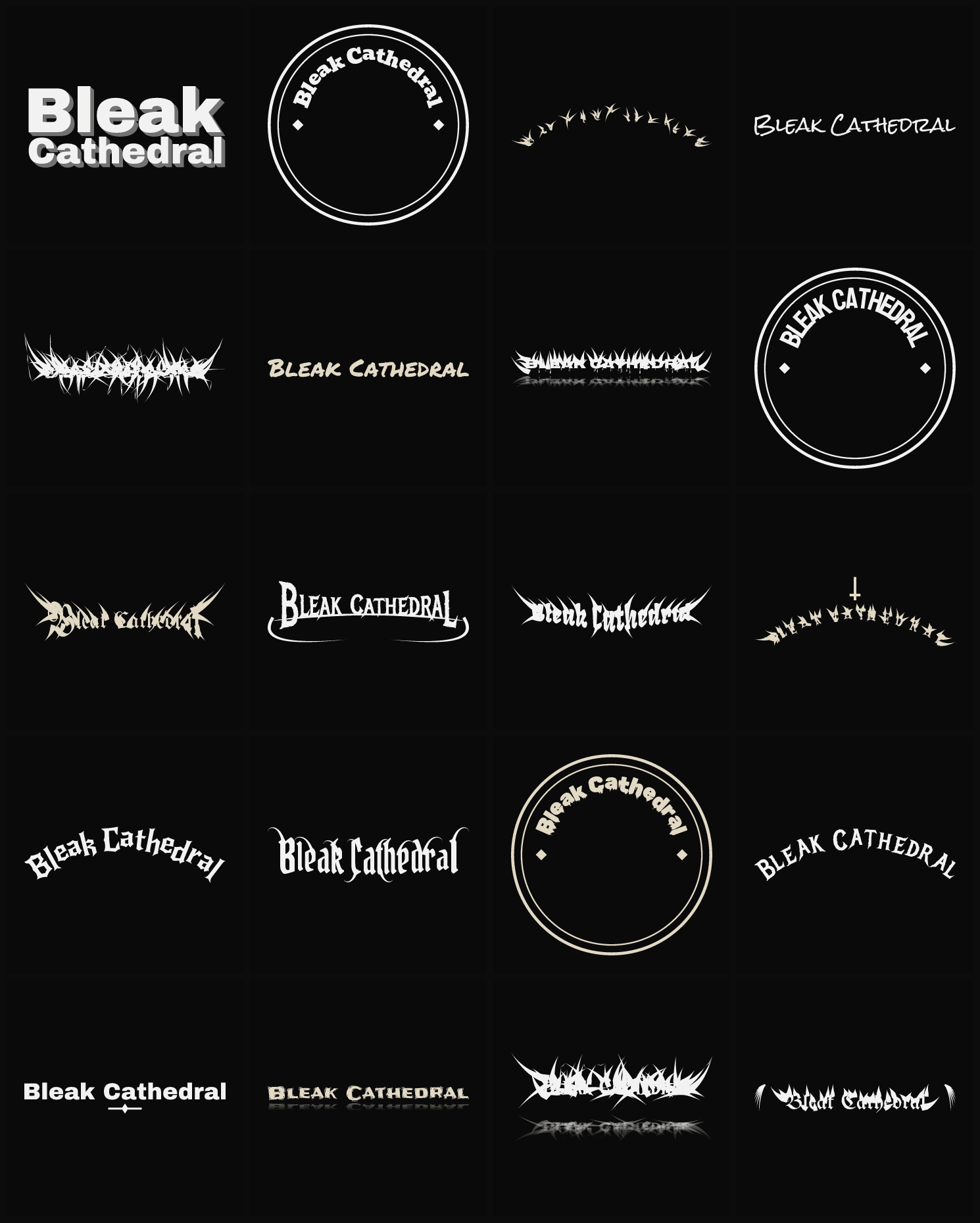 Twenty Bleak Cathedral band logo ideas — different faces, treatments and spike settings