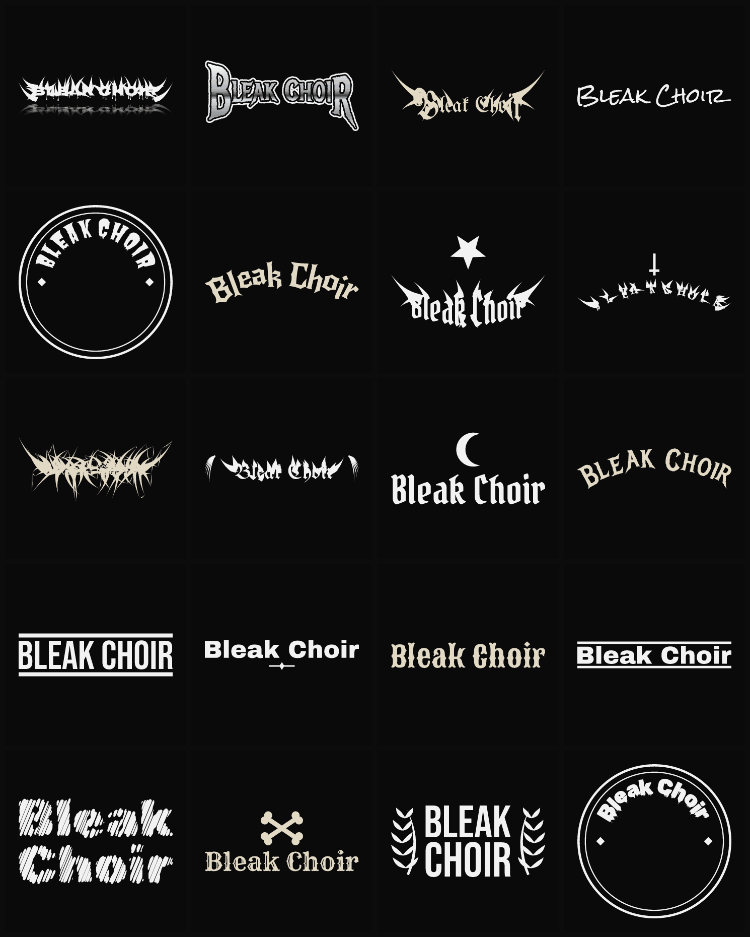 Twenty Bleak Choir band logo ideas — different faces, treatments and spike settings