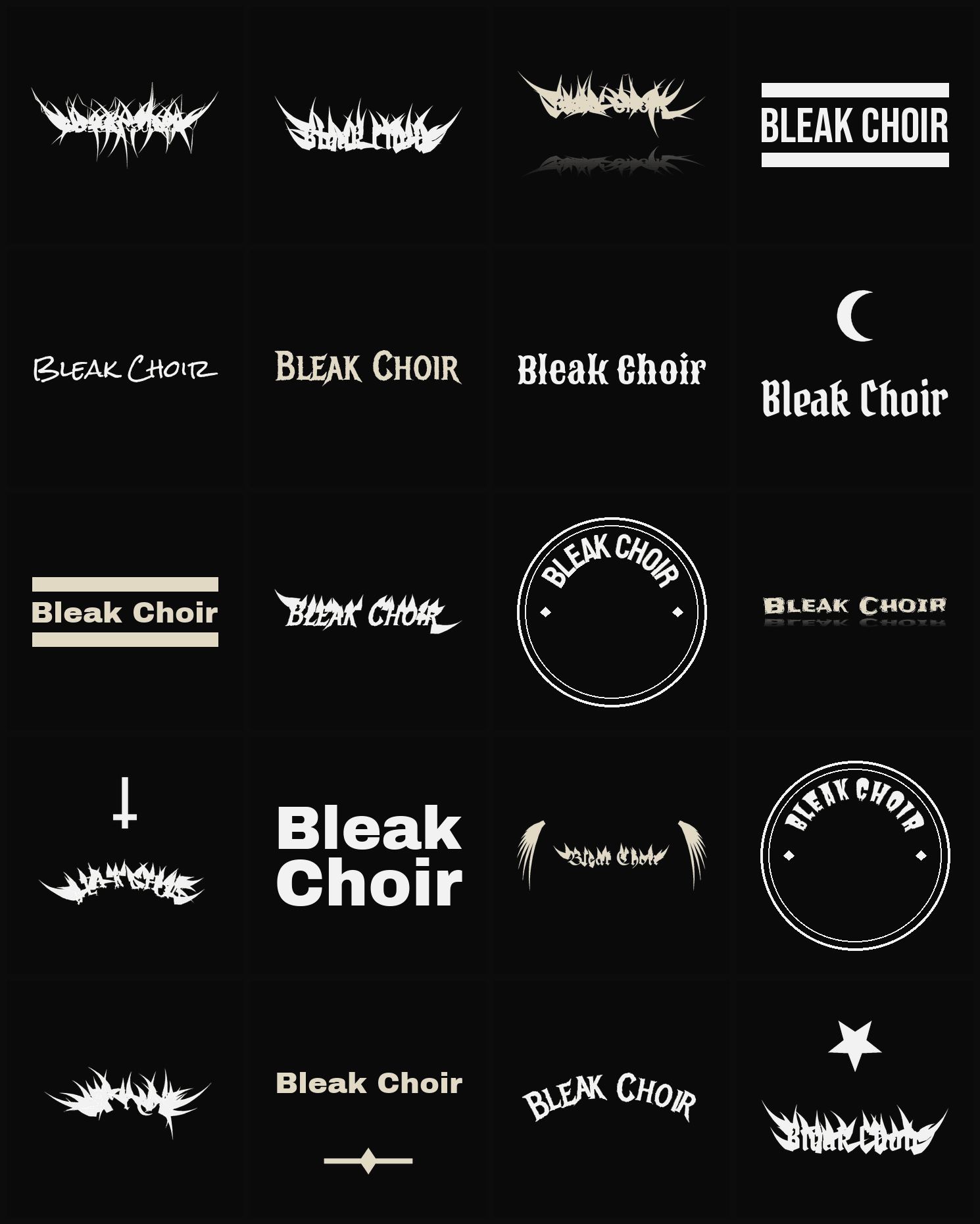 Twenty Bleak Choir band logo ideas — different faces, treatments and spike settings