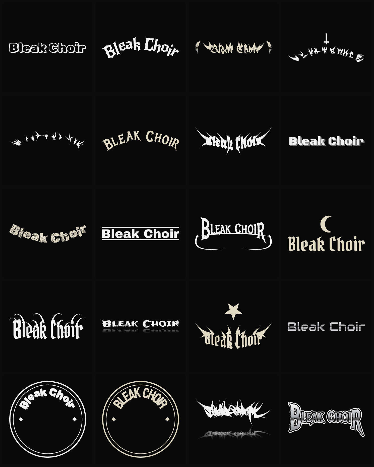 Twenty Bleak Choir band logo ideas — different faces, treatments and spike settings