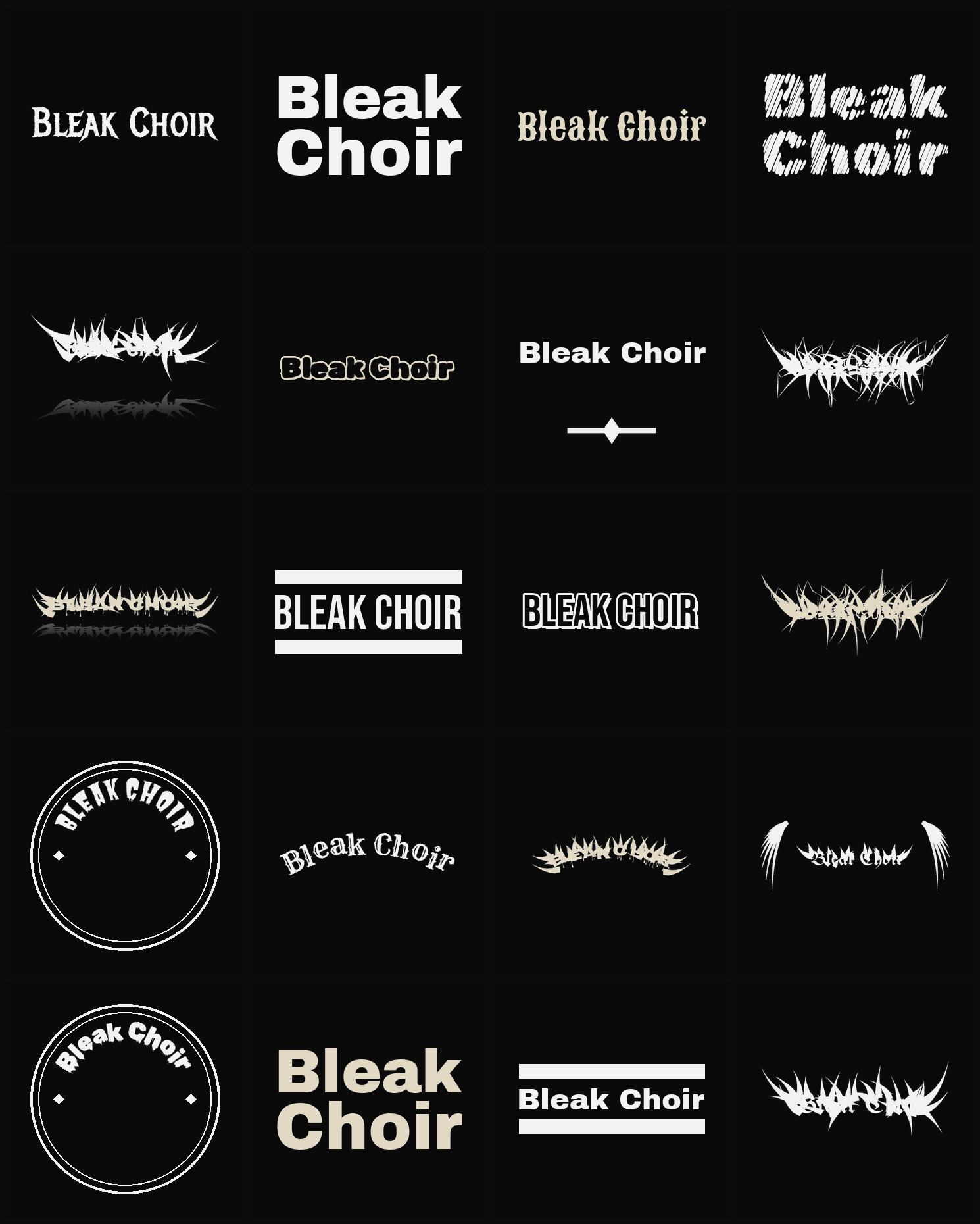 Twenty Bleak Choir band logo ideas — different faces, treatments and spike settings