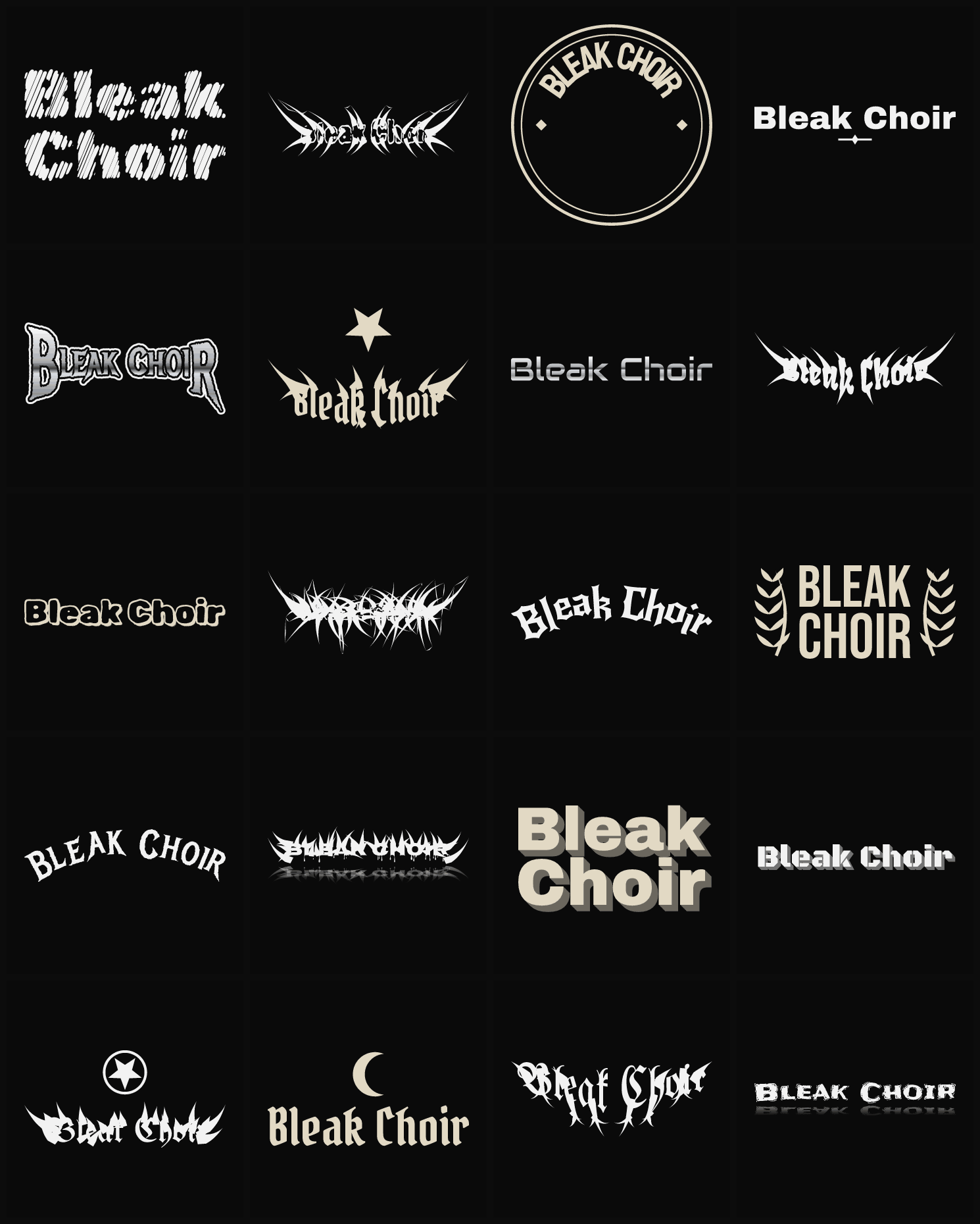 Twenty Bleak Choir band logo ideas — different faces, treatments and spike settings