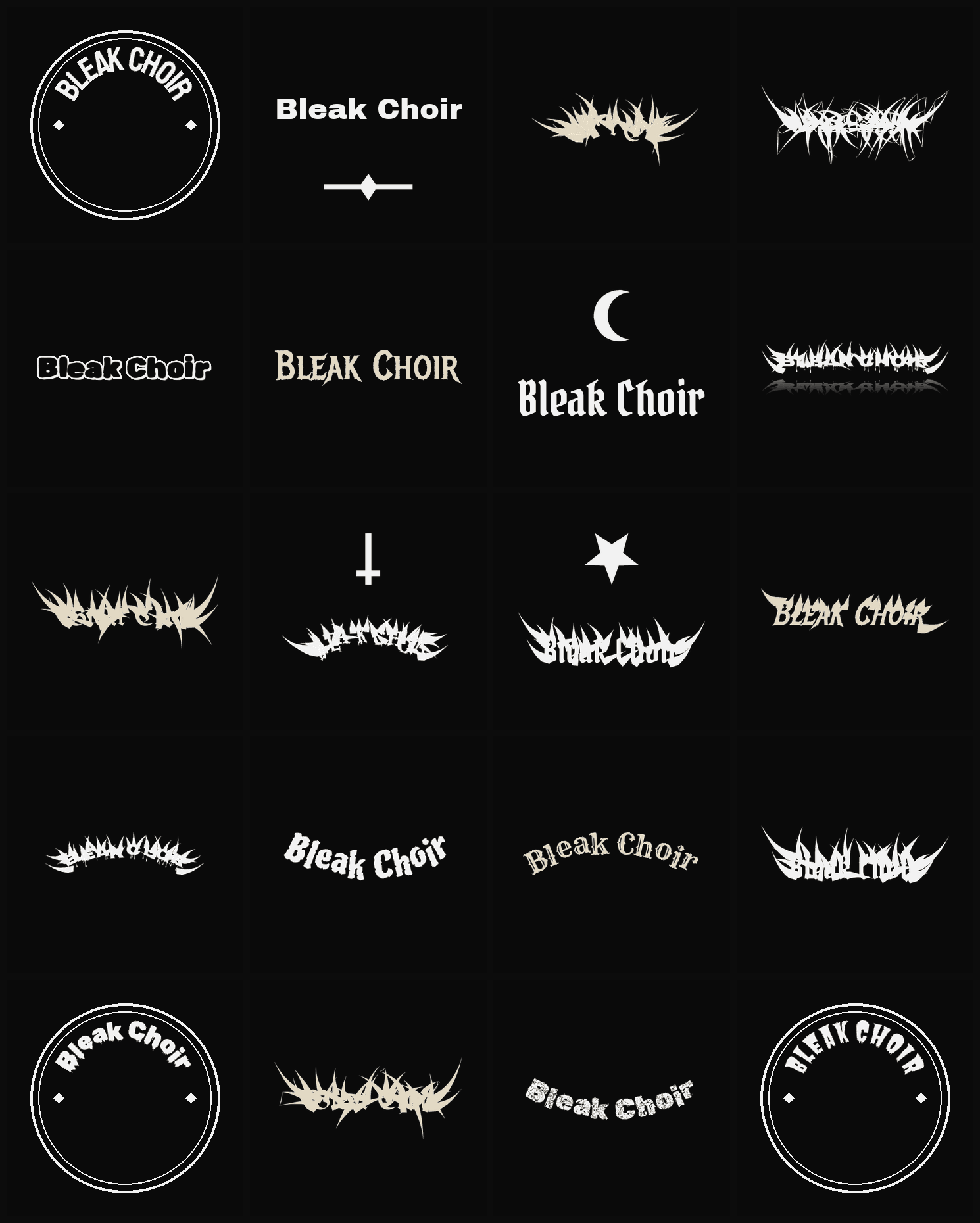 Twenty Bleak Choir band logo ideas — different faces, treatments and spike settings