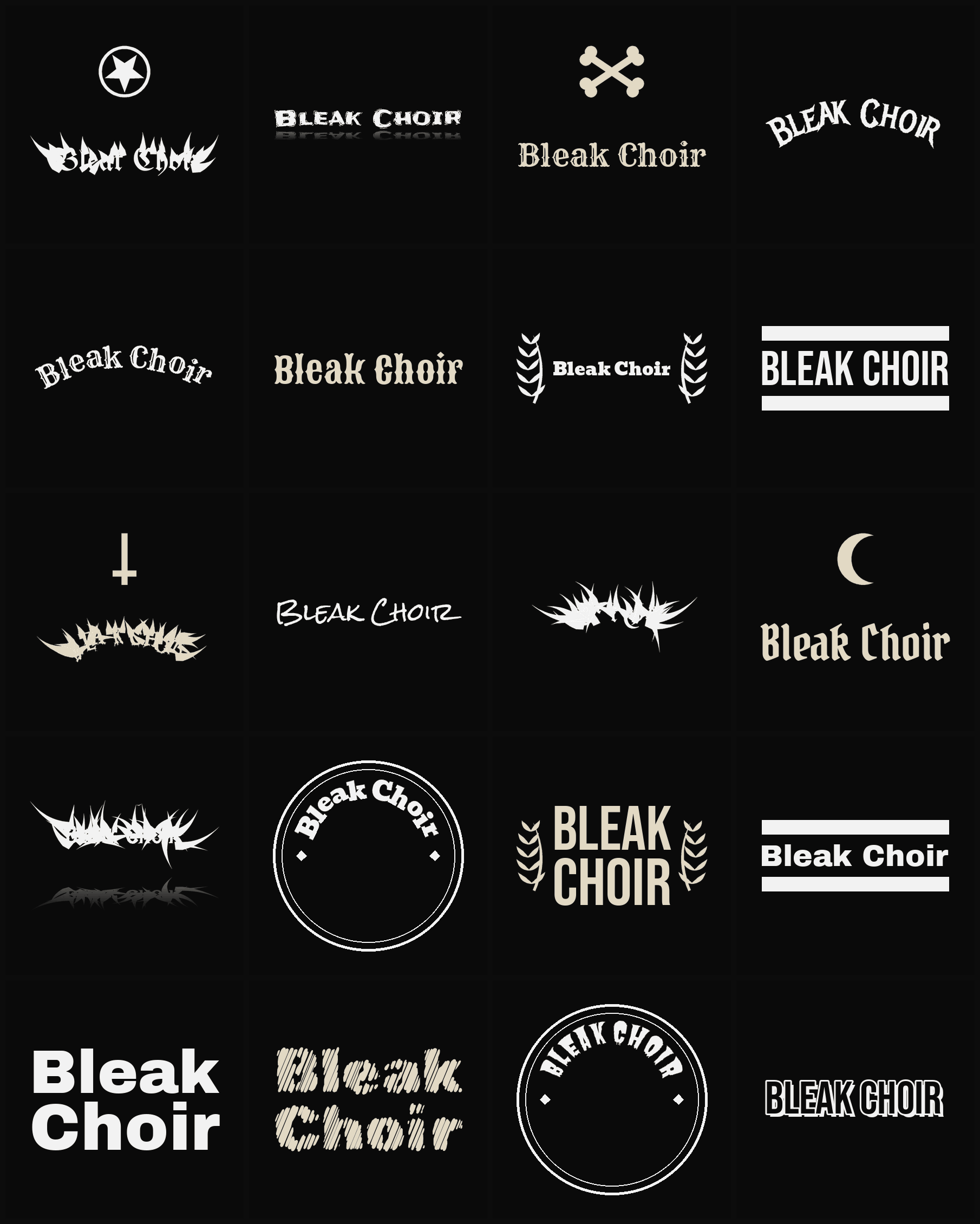Twenty Bleak Choir band logo ideas — different faces, treatments and spike settings