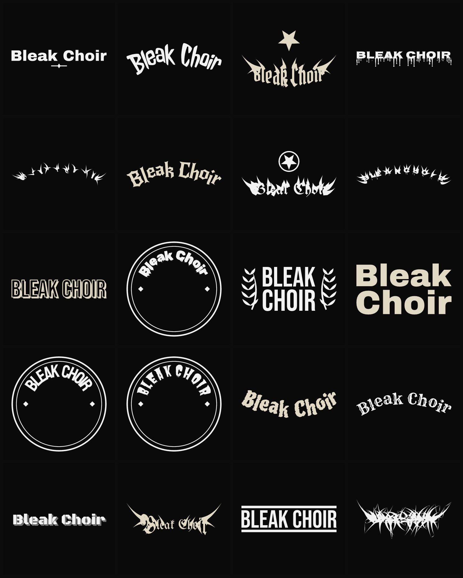 Twenty Bleak Choir band logo ideas — different faces, treatments and spike settings