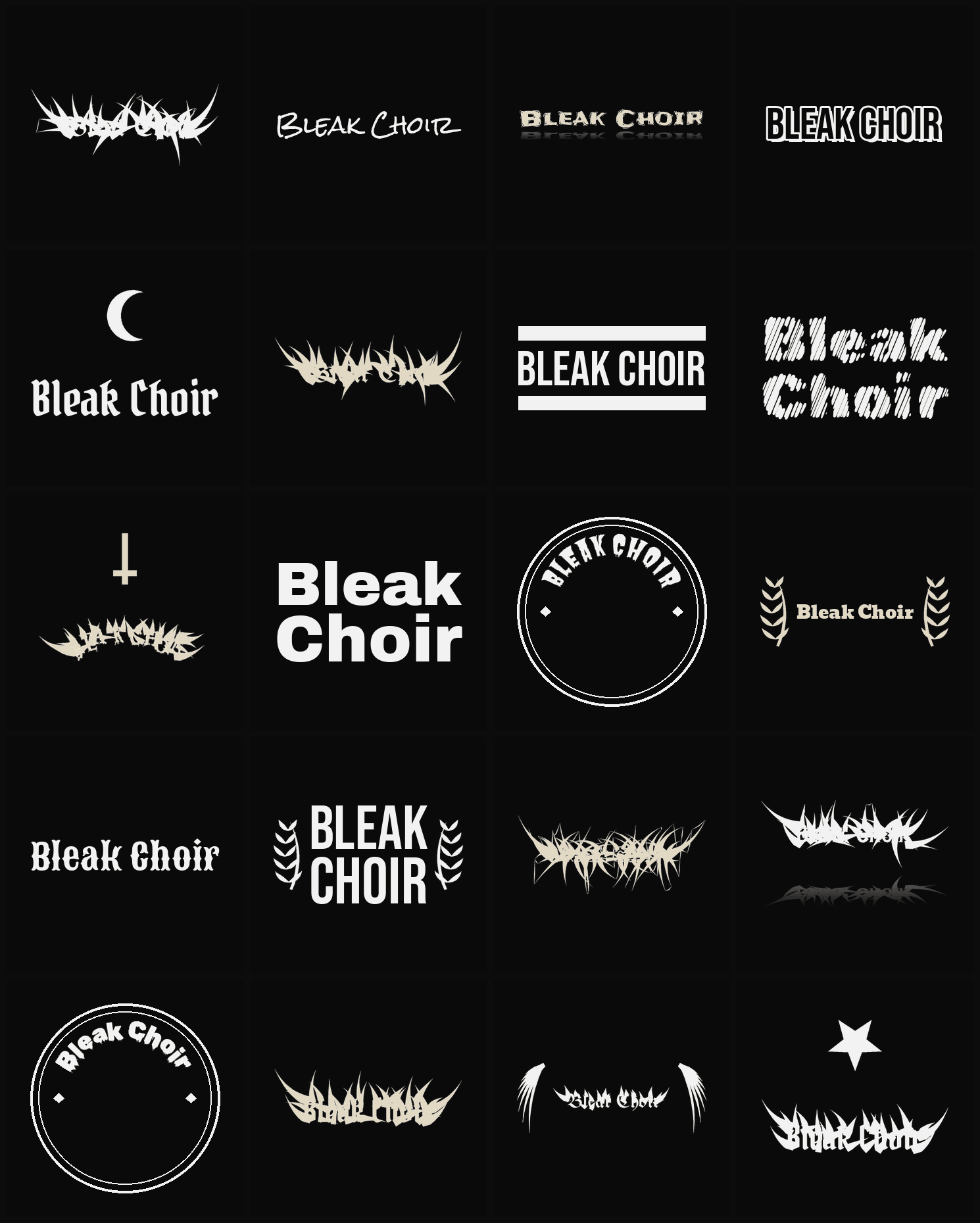 Twenty Bleak Choir band logo ideas — different faces, treatments and spike settings
