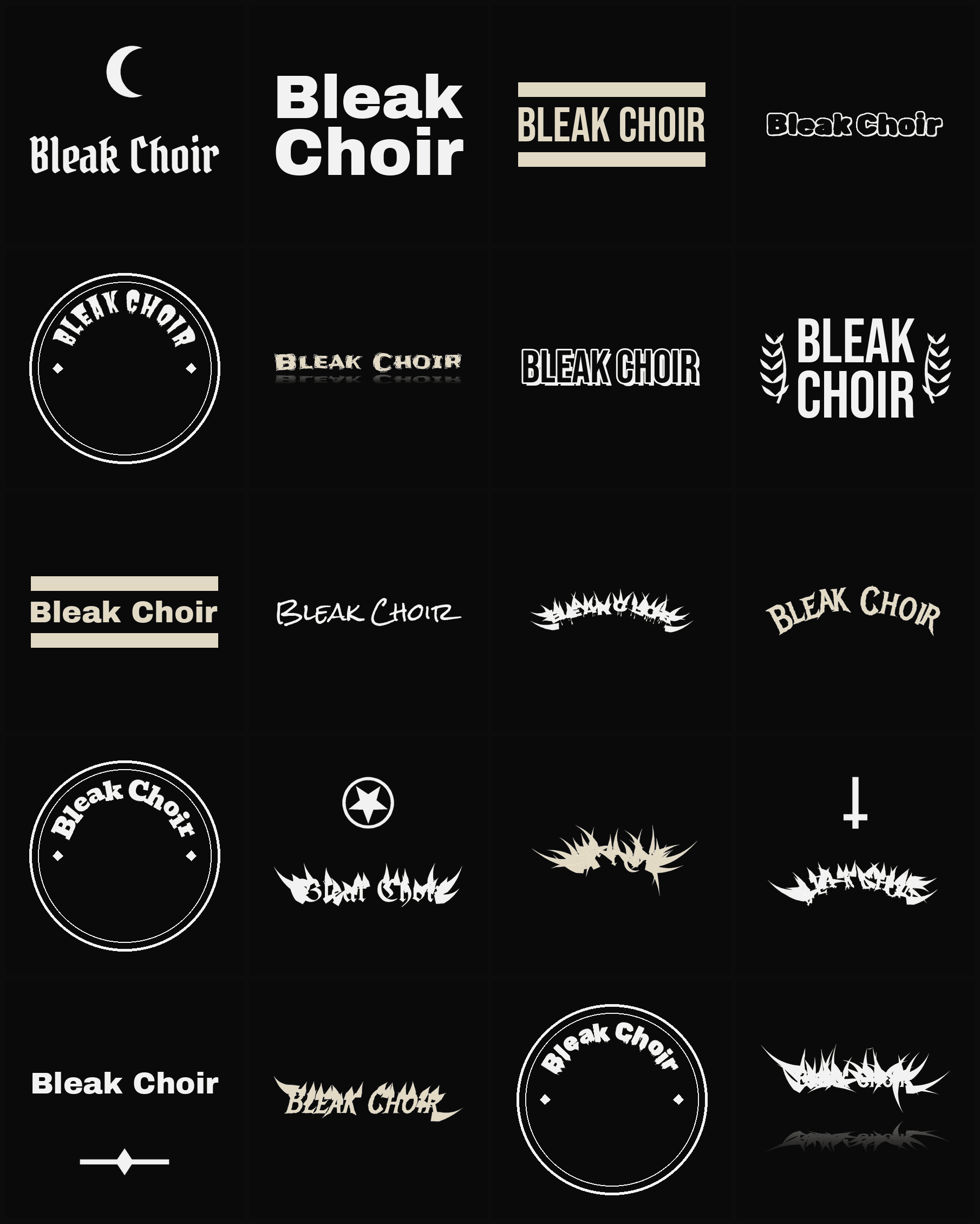 Twenty Bleak Choir band logo ideas — different faces, treatments and spike settings