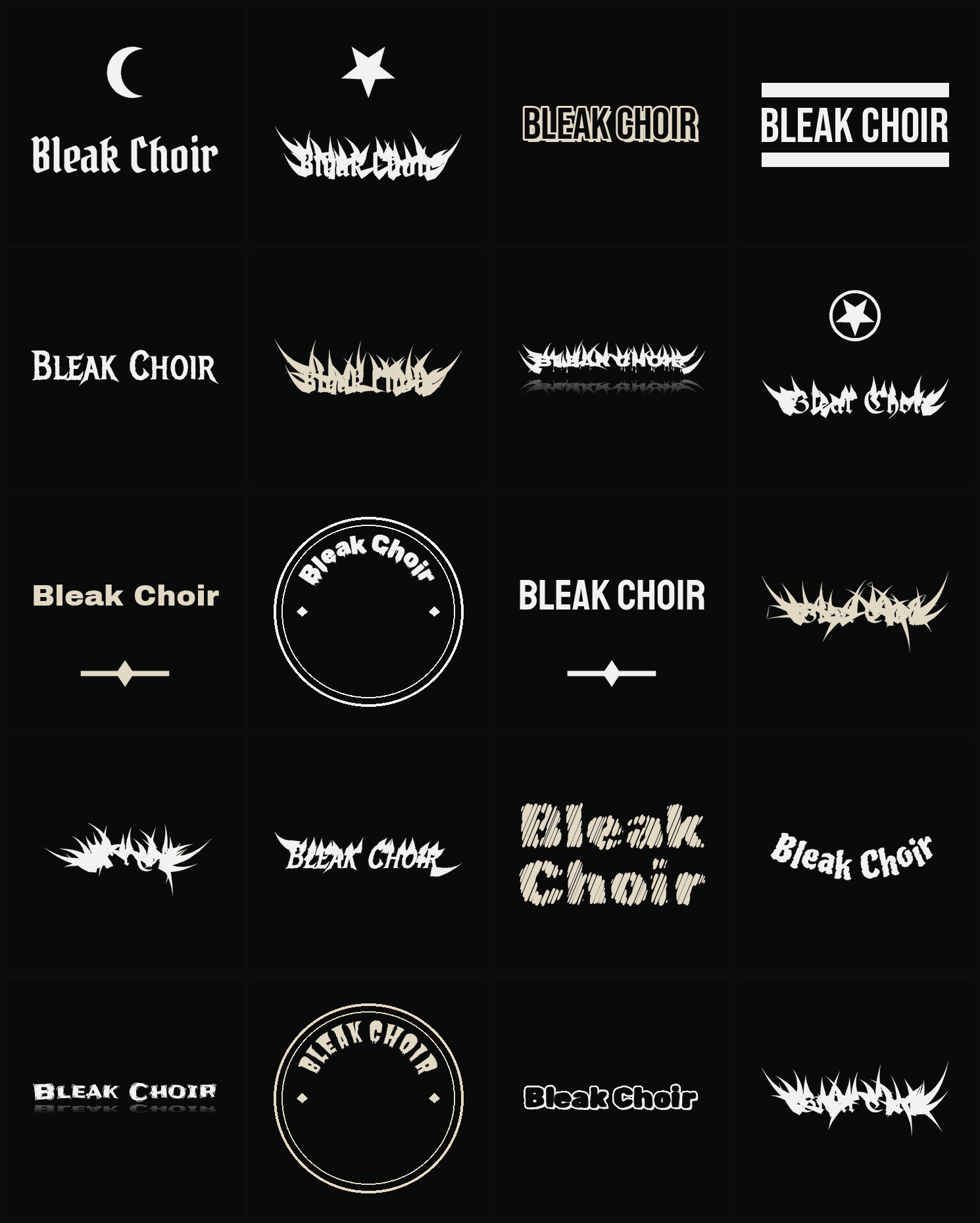 Twenty Bleak Choir band logo ideas — different faces, treatments and spike settings