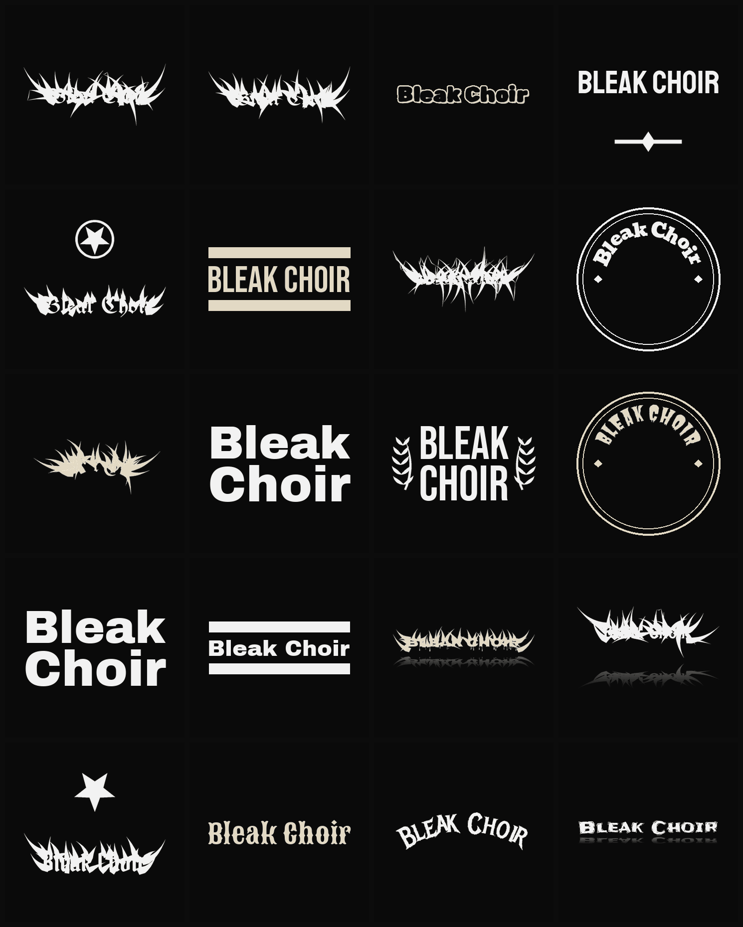 Twenty Bleak Choir band logo ideas — different faces, treatments and spike settings
