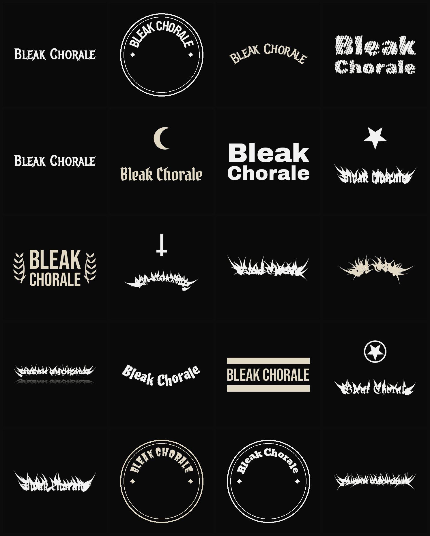 Twenty Bleak Chorale band logo ideas — different faces, treatments and spike settings