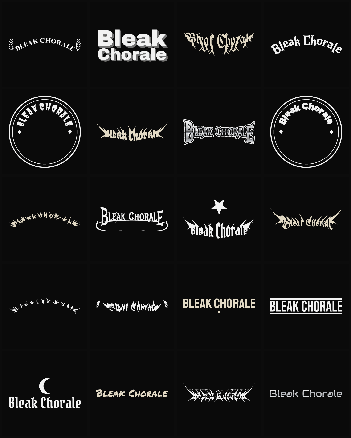 Twenty Bleak Chorale band logo ideas — different faces, treatments and spike settings