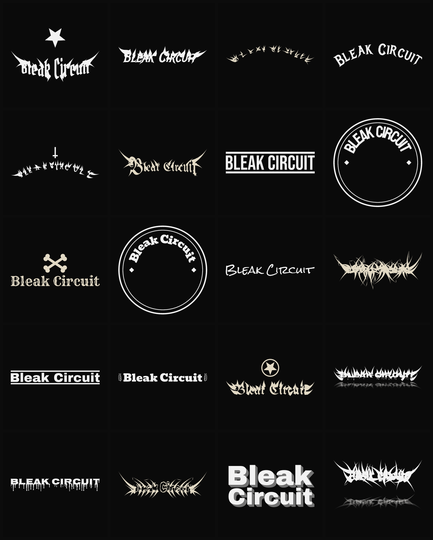 Twenty Bleak Circuit band logo ideas — different faces, treatments and spike settings