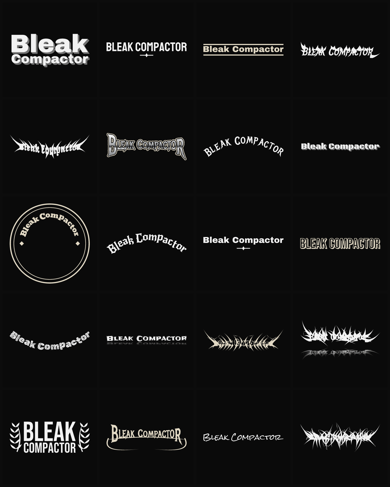 Twenty Bleak Compactor band logo ideas — different faces, treatments and spike settings