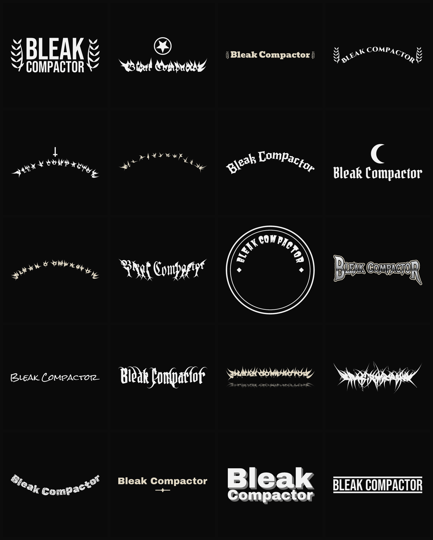 Twenty Bleak Compactor band logo ideas — different faces, treatments and spike settings