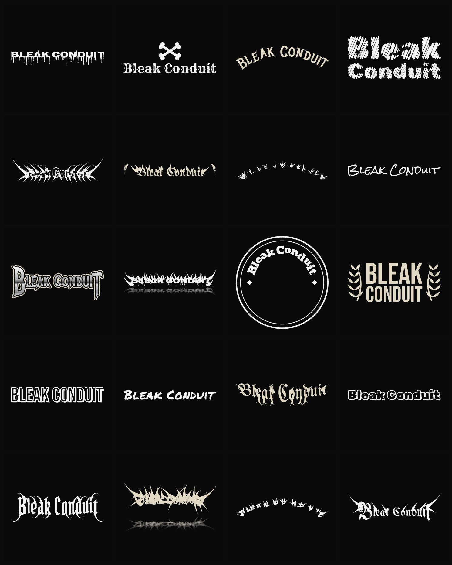 Twenty Bleak Conduit band logo ideas — different faces, treatments and spike settings