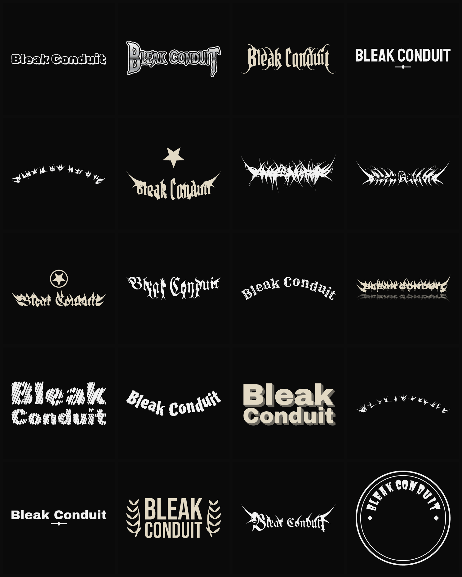 Twenty Bleak Conduit band logo ideas — different faces, treatments and spike settings