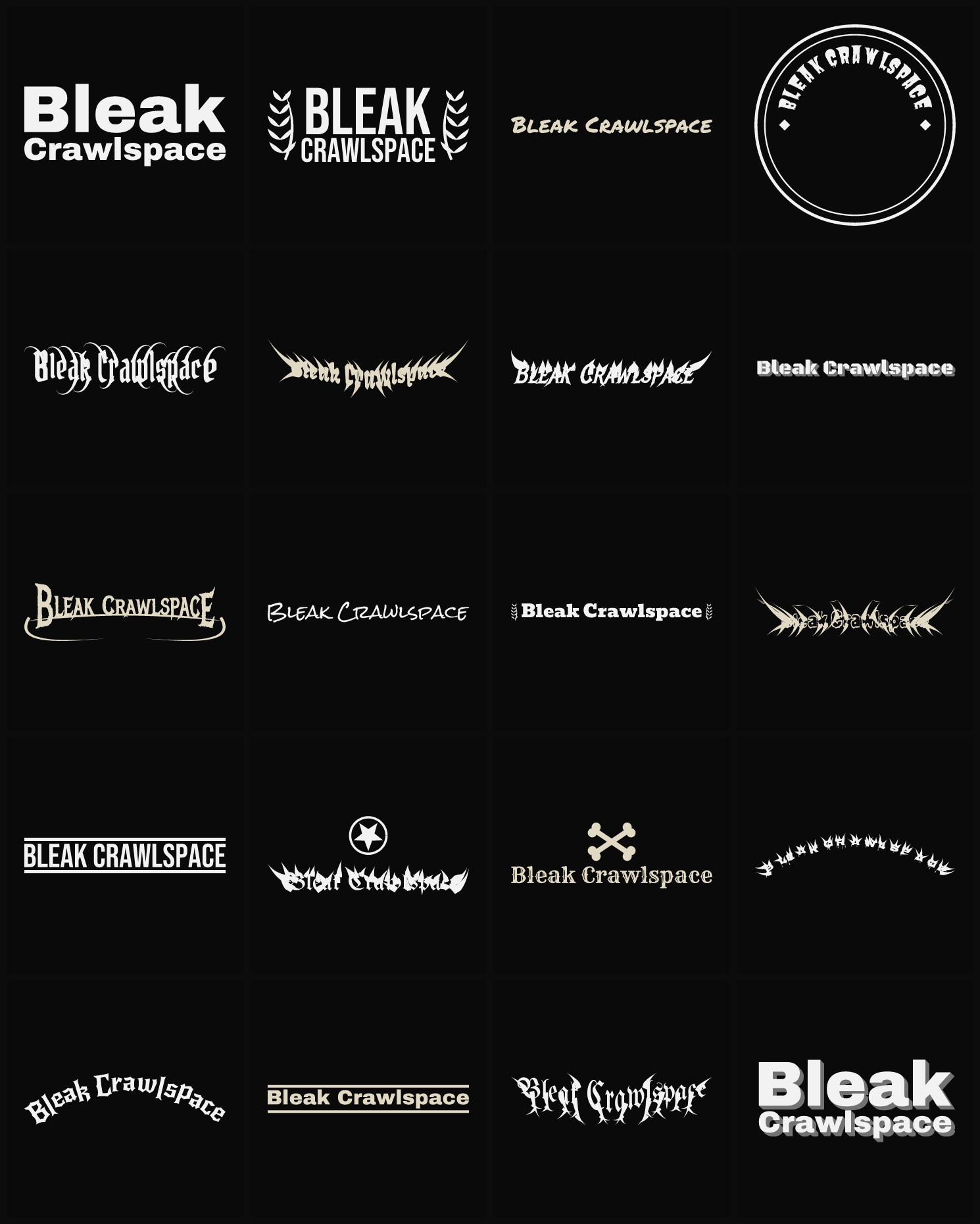 Twenty Bleak Crawlspace band logo ideas — different faces, treatments and spike settings