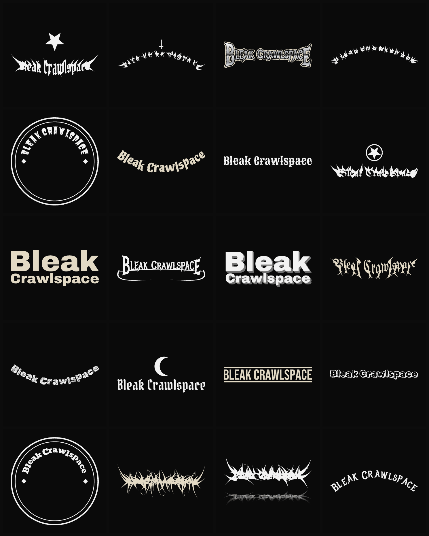 Twenty Bleak Crawlspace band logo ideas — different faces, treatments and spike settings