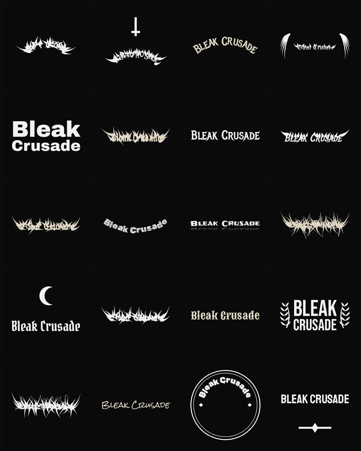 Twenty Bleak Crusade band logo ideas — different faces, treatments and spike settings
