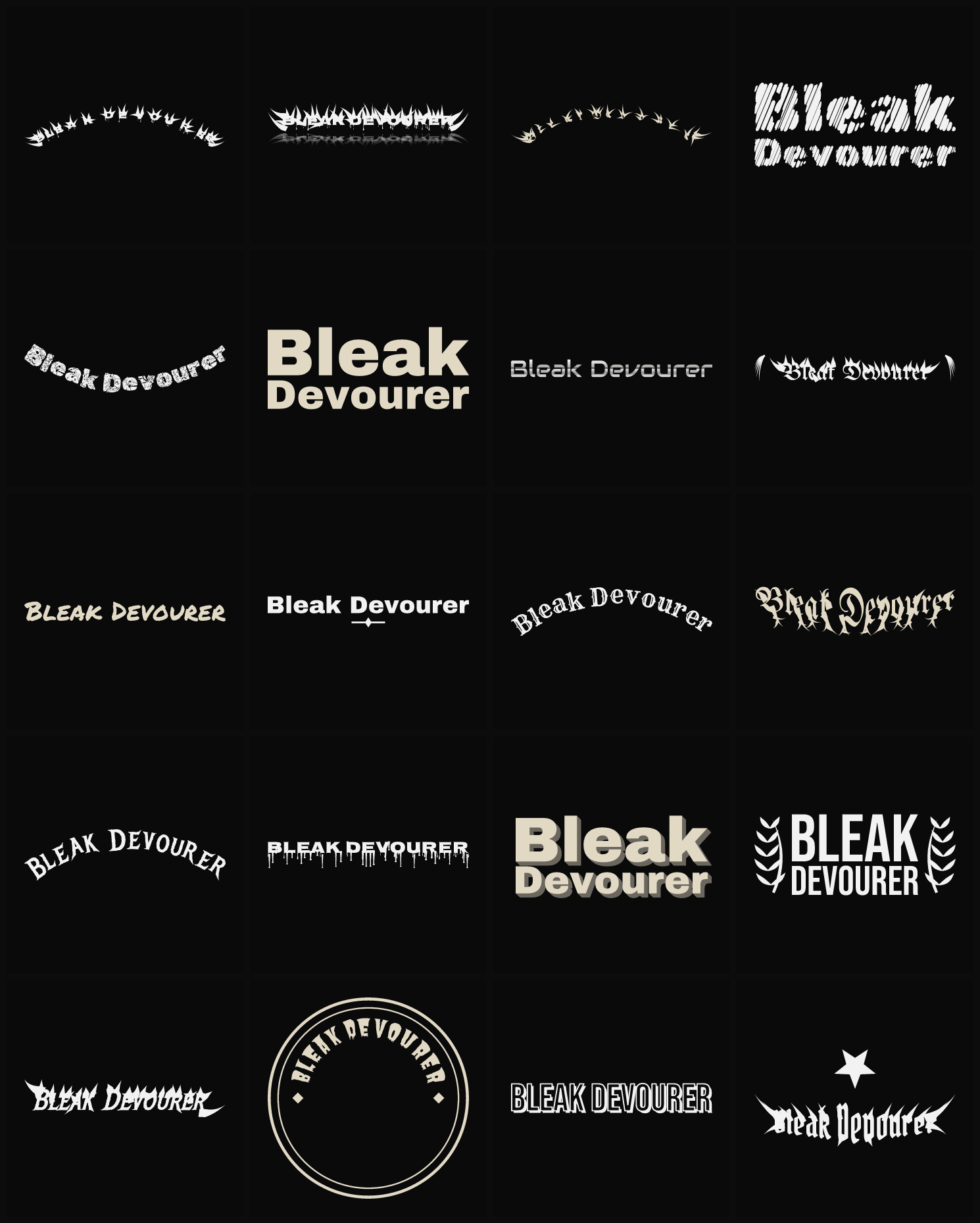 Twenty Bleak Devourer band logo ideas — different faces, treatments and spike settings