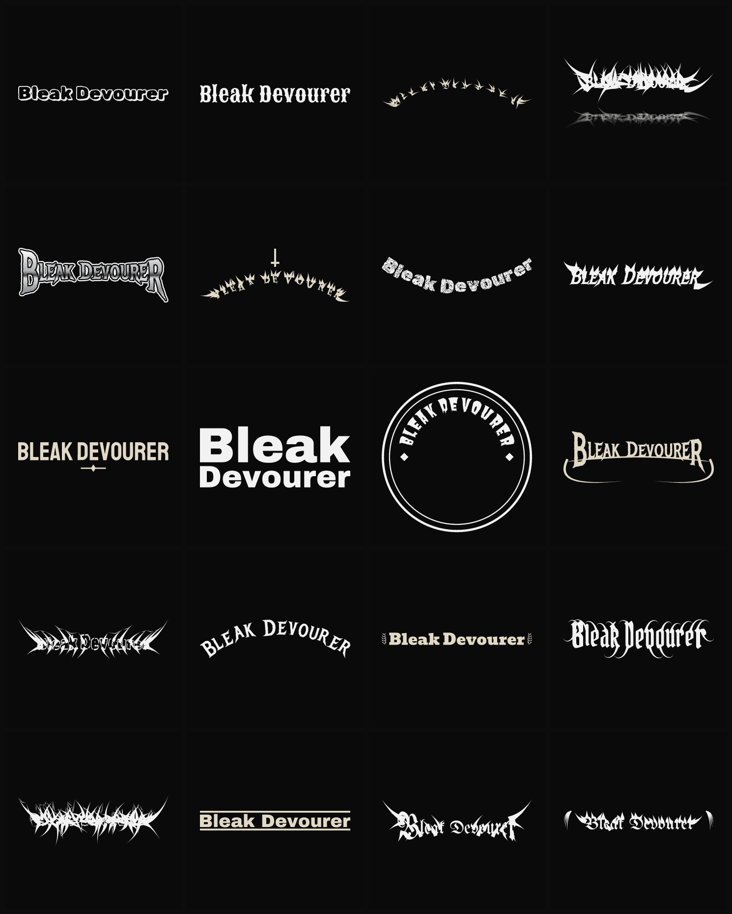 Twenty Bleak Devourer band logo ideas — different faces, treatments and spike settings