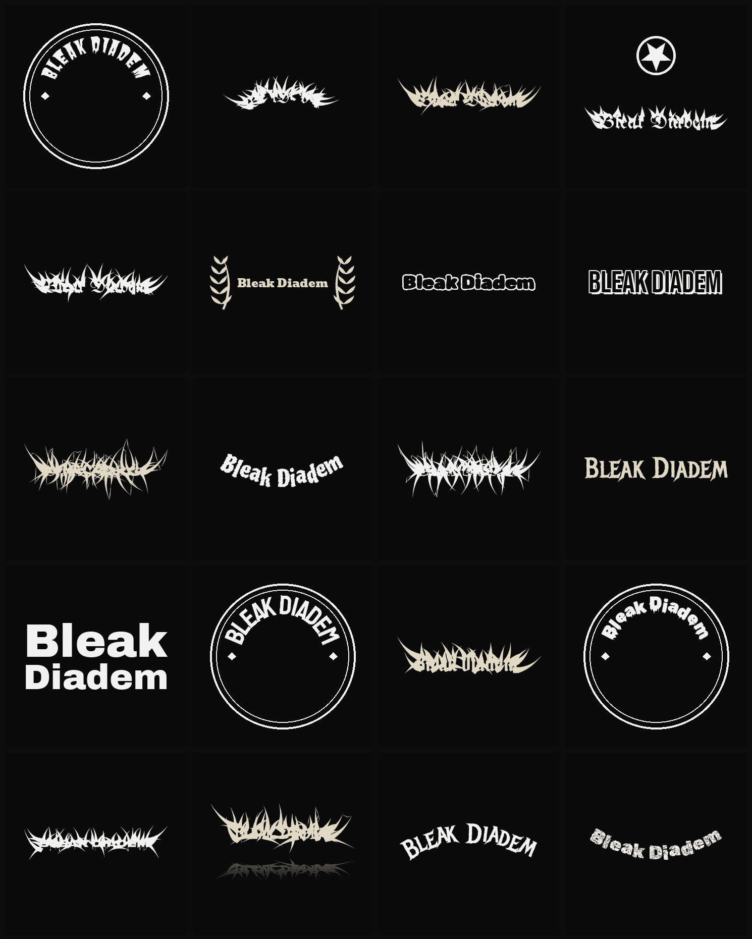 Twenty Bleak Diadem band logo ideas — different faces, treatments and spike settings