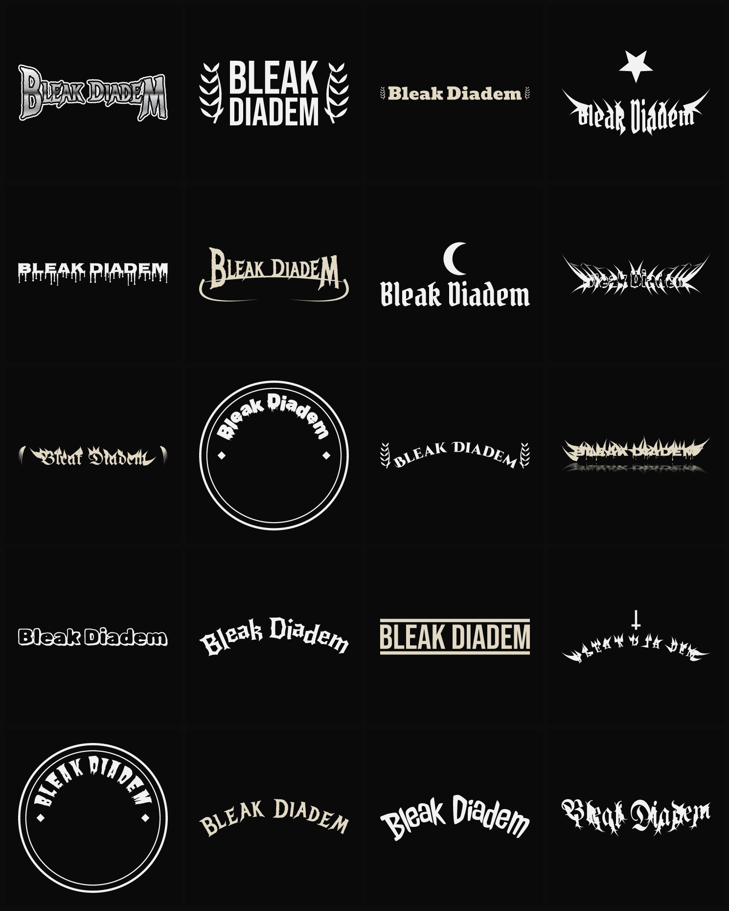 Twenty Bleak Diadem band logo ideas — different faces, treatments and spike settings