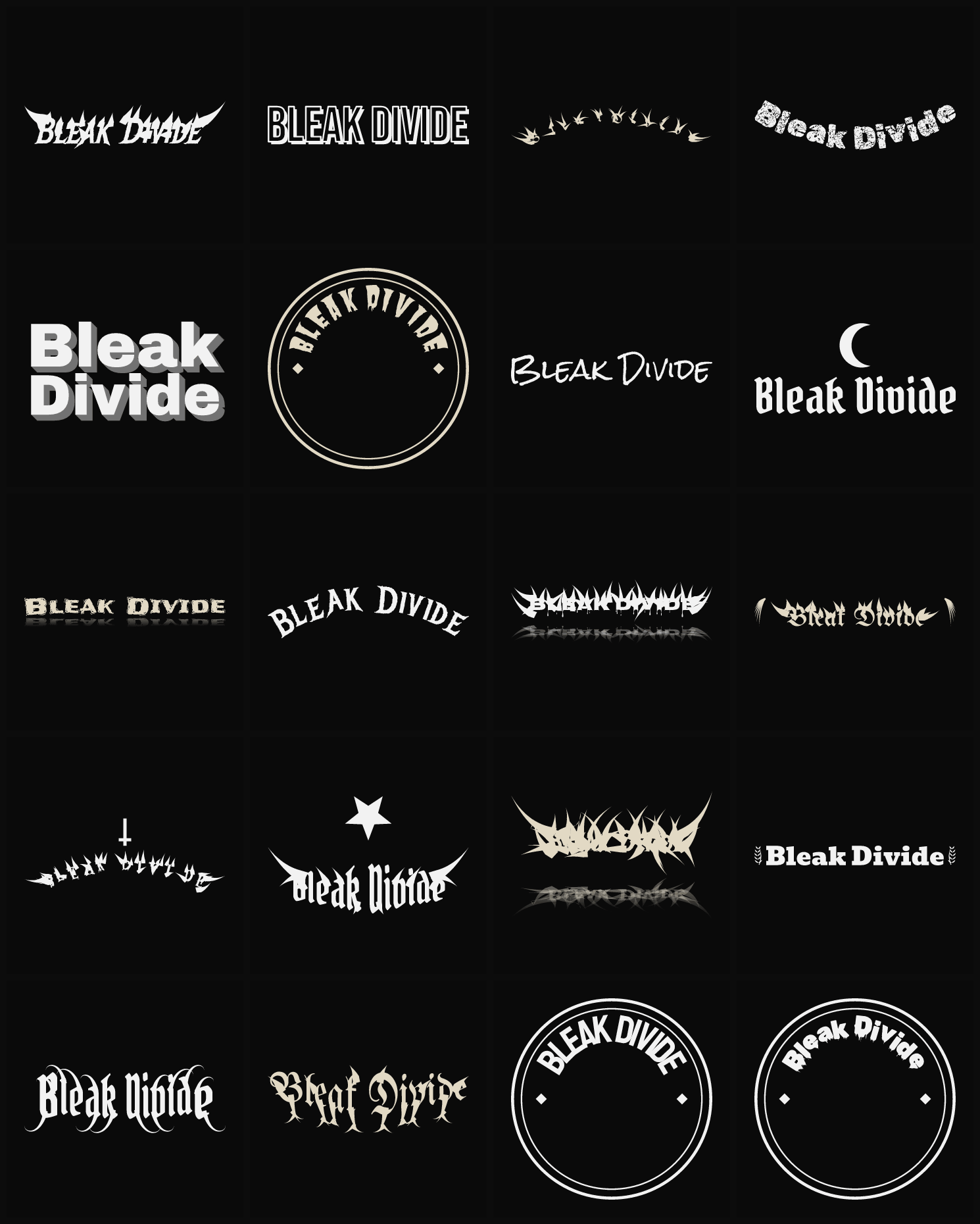 Twenty Bleak Divide band logo ideas — different faces, treatments and spike settings
