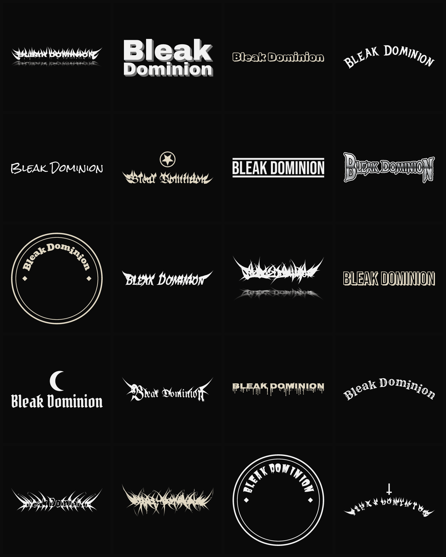 Twenty Bleak Dominion band logo ideas — different faces, treatments and spike settings