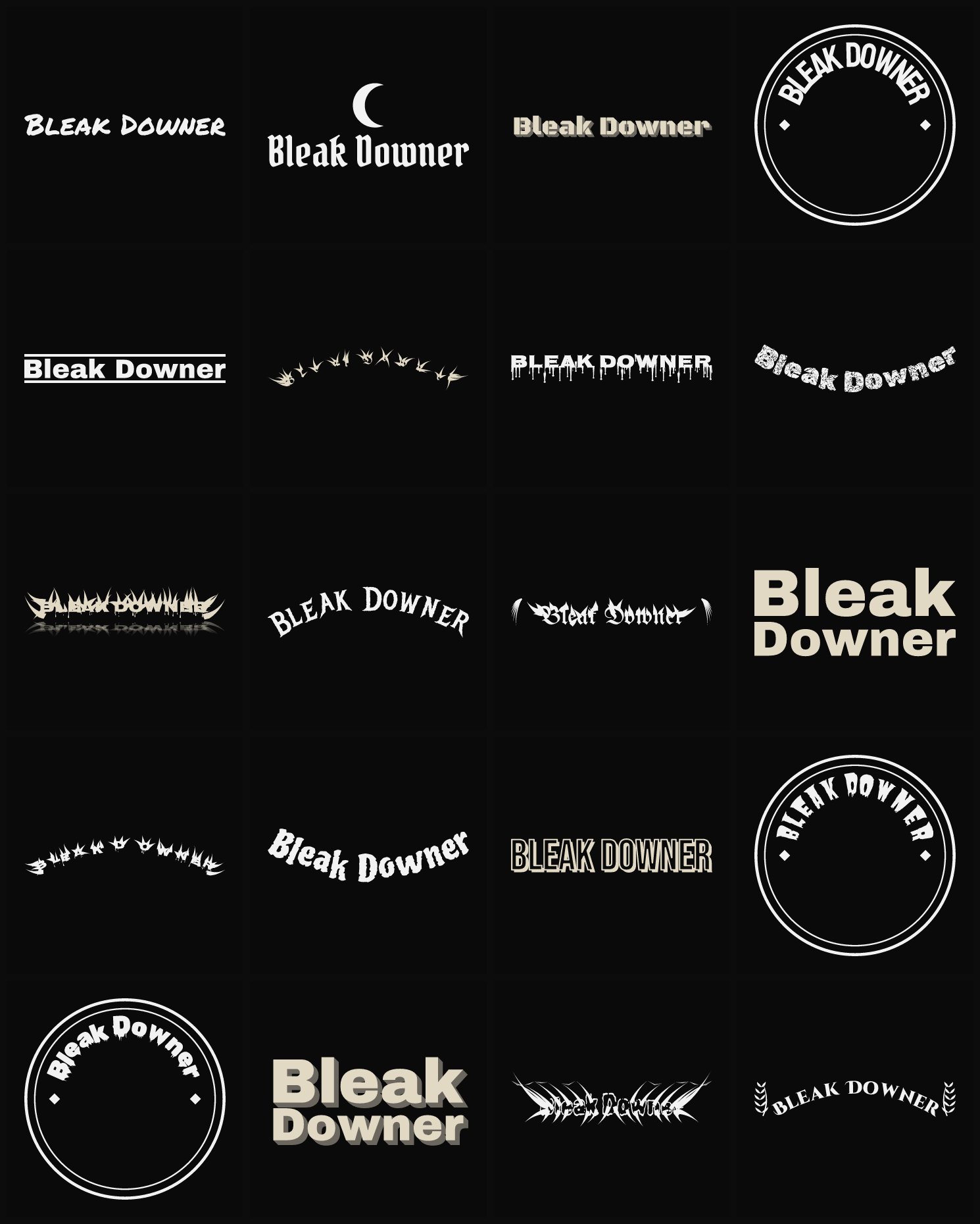 Twenty Bleak Downer band logo ideas — different faces, treatments and spike settings