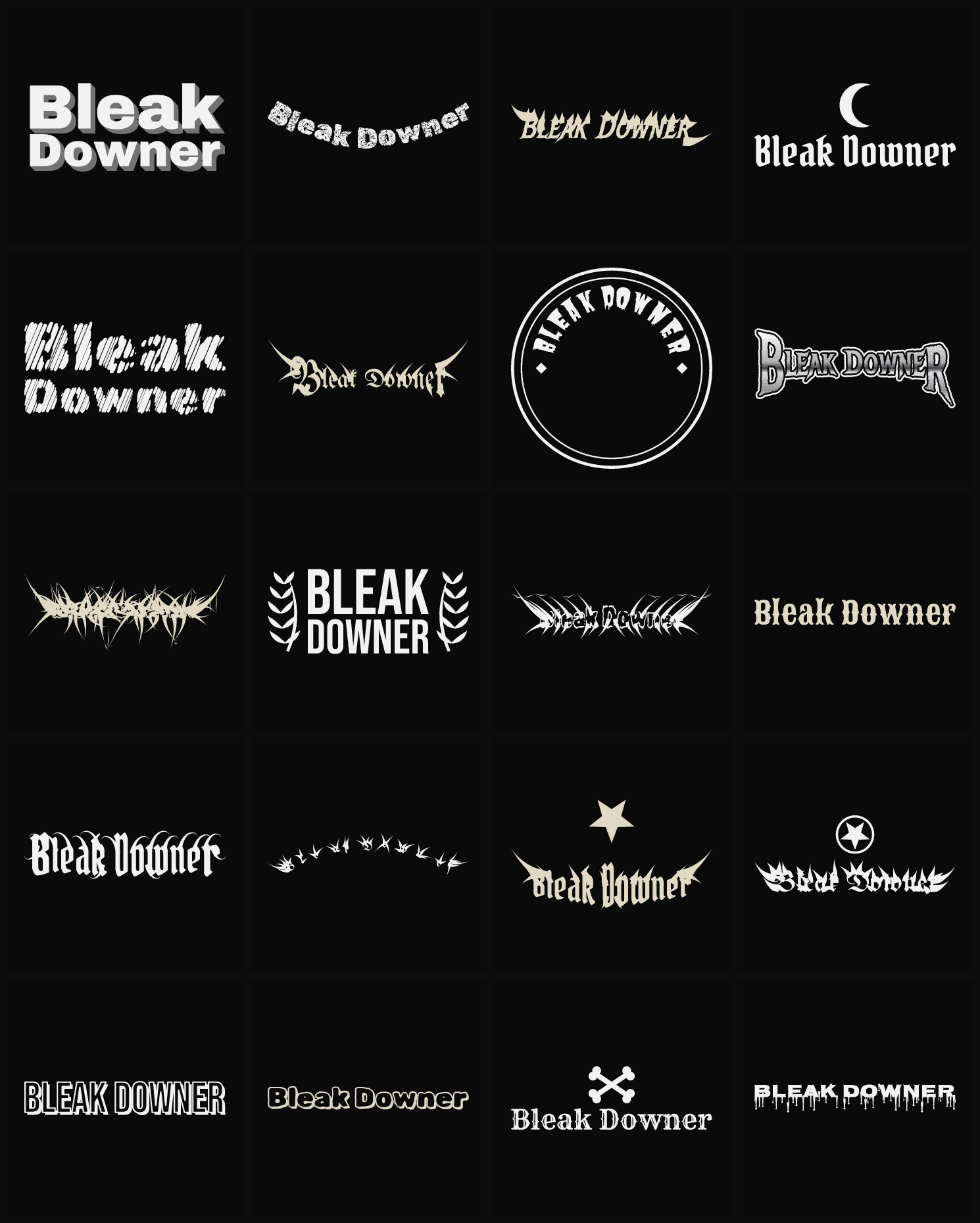 Twenty Bleak Downer band logo ideas — different faces, treatments and spike settings