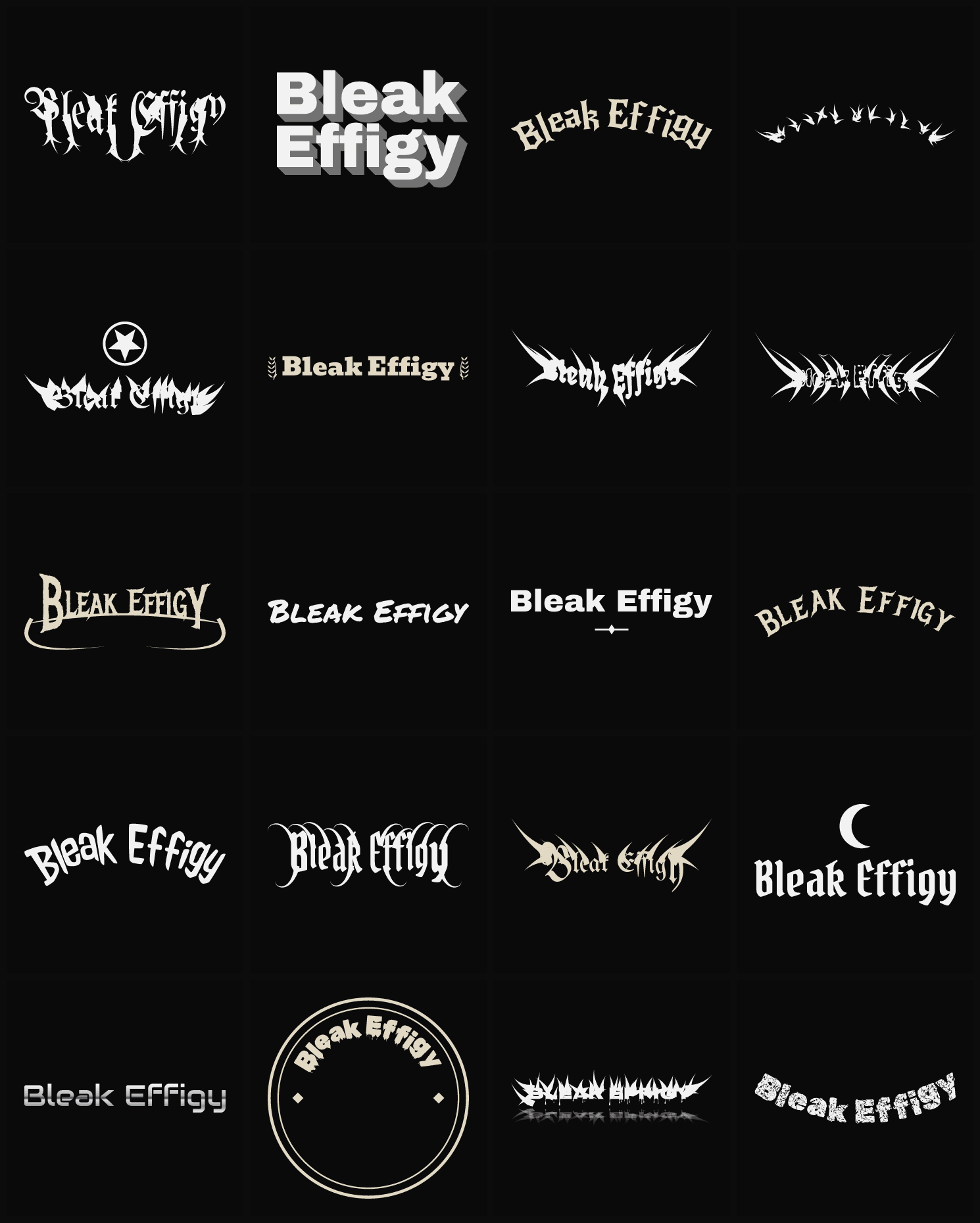 Twenty Bleak Effigy band logo ideas — different faces, treatments and spike settings