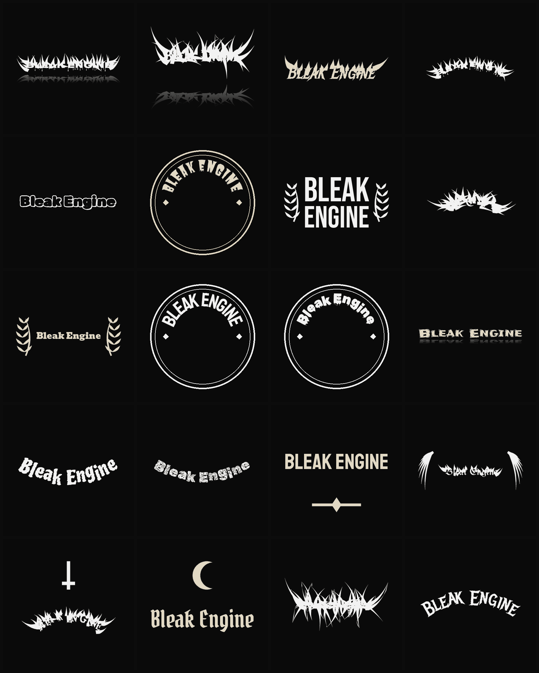 Twenty Bleak Engine band logo ideas — different faces, treatments and spike settings