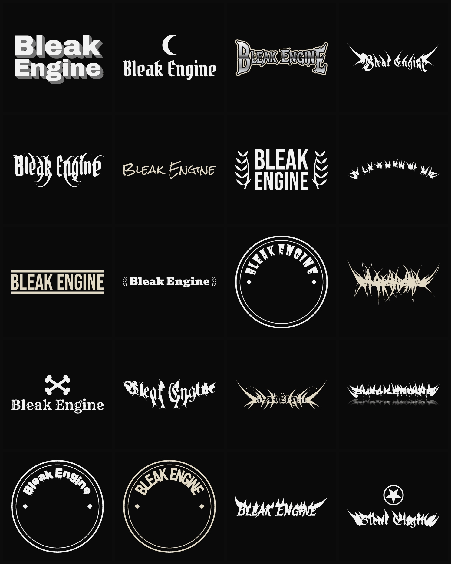 Twenty Bleak Engine band logo ideas — different faces, treatments and spike settings