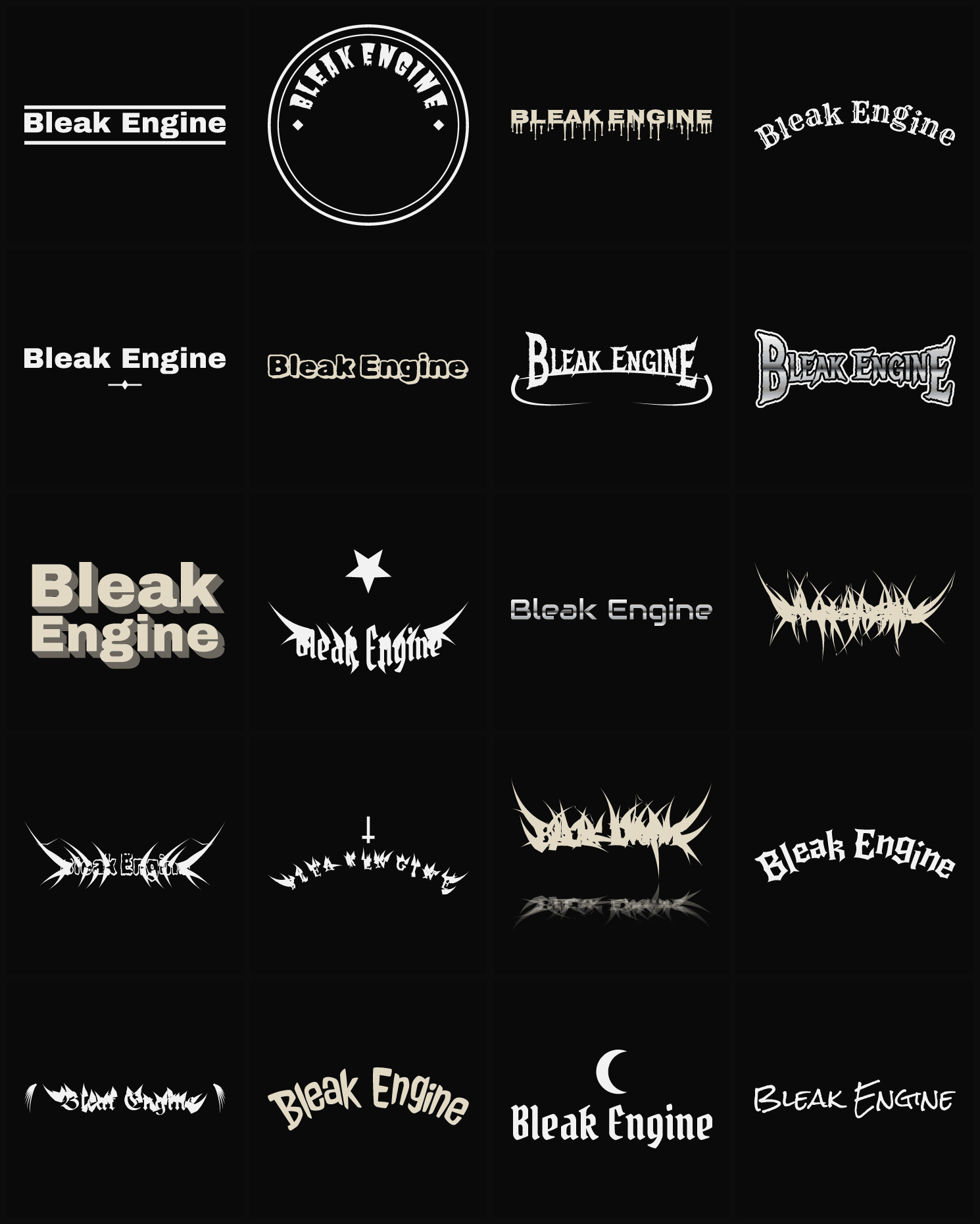 Twenty Bleak Engine band logo ideas — different faces, treatments and spike settings