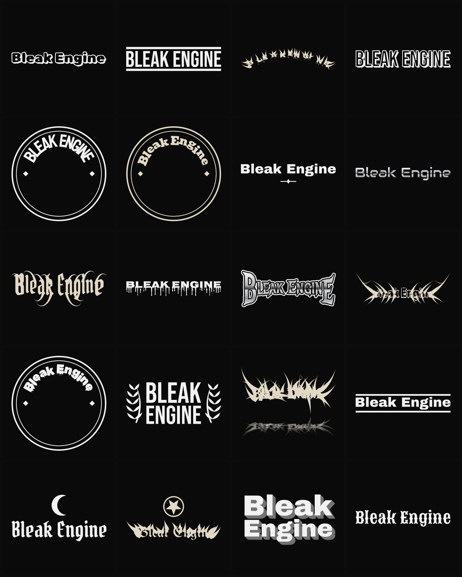Twenty Bleak Engine band logo ideas — different faces, treatments and spike settings