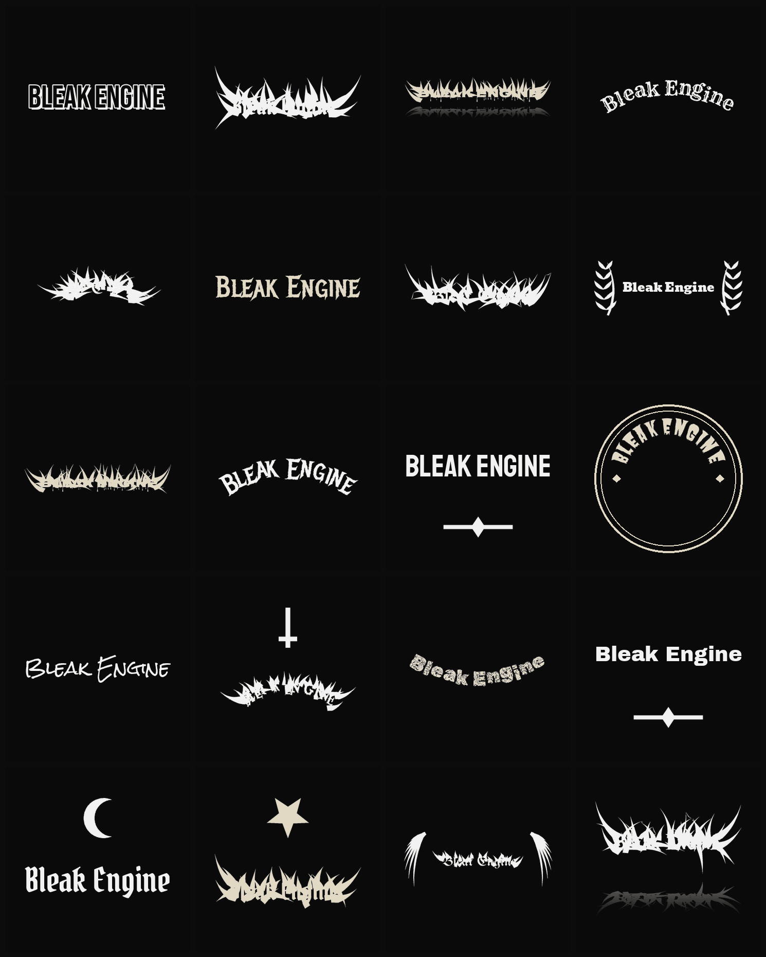 Twenty Bleak Engine band logo ideas — different faces, treatments and spike settings